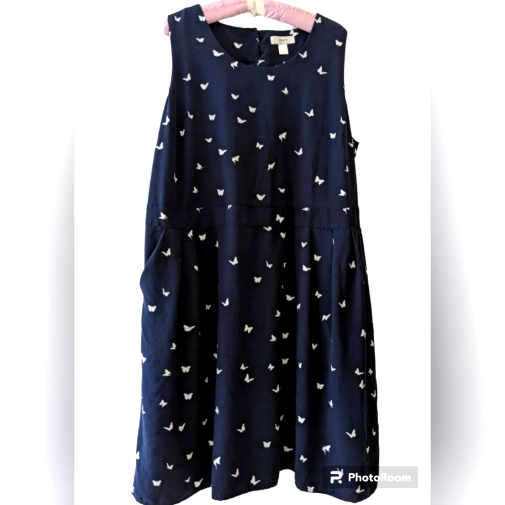 Butterfly dress CJ Banks 2X pockets navy blue white modest nec…